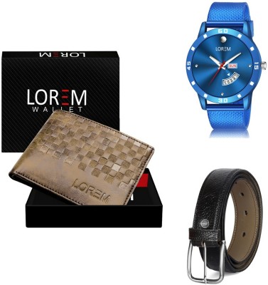 LOREM Belt, Wallet & Watch Combo(Black, Black, Blue)