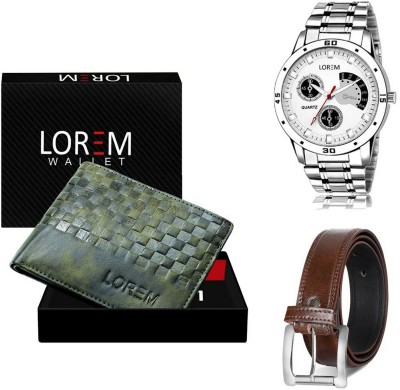 LOREM Belt, Wallet & Watch Combo(Green, Brown, Silver)