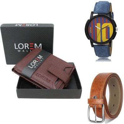 LOREM Belt, Wallet & Watch Combo(Maroon, Tan, Blue)