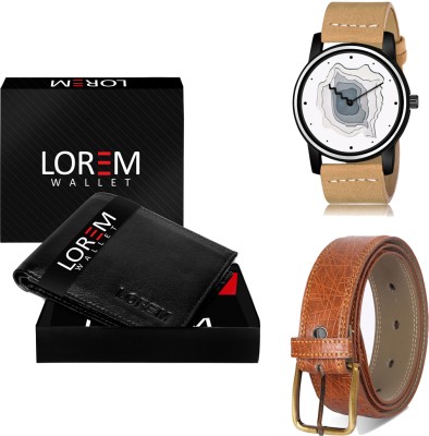 LOREM Belt, Wallet & Watch Combo(Black, Tan, Beige)