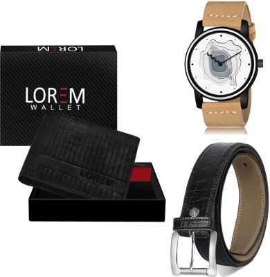 LOREM Belt, Wallet & Watch Combo(Black, Black, Beige)