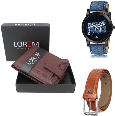 LOREM Belt, Wallet & Watch Combo(Maroon, Tan, Blue)