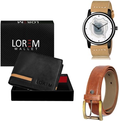 LOREM Belt, Wallet & Watch Combo(Black, Orange, Beige)