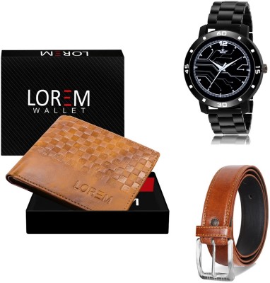 LOREM Belt, Wallet & Watch Combo(Beige, Tan, Black)