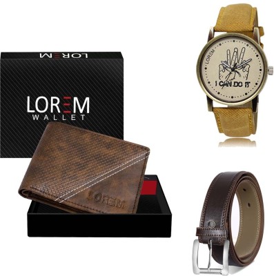 LOREM Belt, Wallet & Watch Combo(Brown, Brown, Yellow)