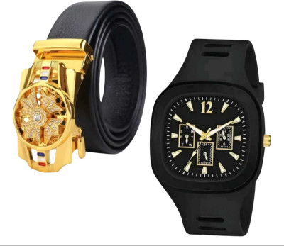 Zhermack Watch & Belt Combo(Black, Gold)