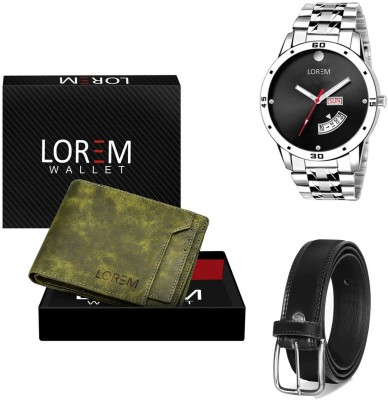 LOREM Belt, Wallet & Watch Combo(Green, Black, Silver)