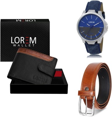 LOREM Belt, Wallet & Watch Combo(Black, Tan, Blue)