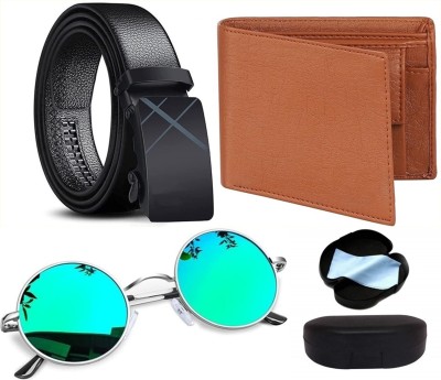 Just Style Leather Sunglass, Wallet & Belt Combo(Tan, Blue, Black)