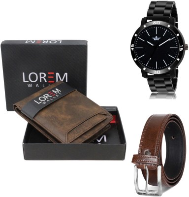 LOREM Belt, Wallet & Watch Combo(Brown, Brown, Black)