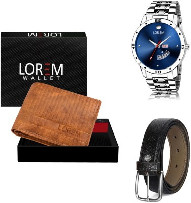 LOREM Belt, Wallet & Watch Combo(Brown, Black, Silver)