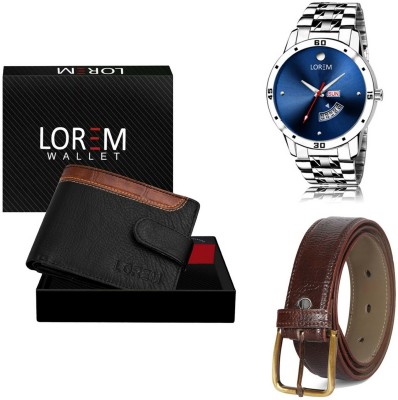 LOREM Belt, Wallet & Watch Combo(Black, Brown, Silver)