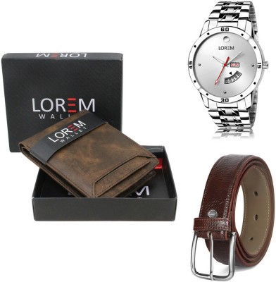 LOREM Belt, Wallet & Watch Combo(Brown, Brown, Silver)