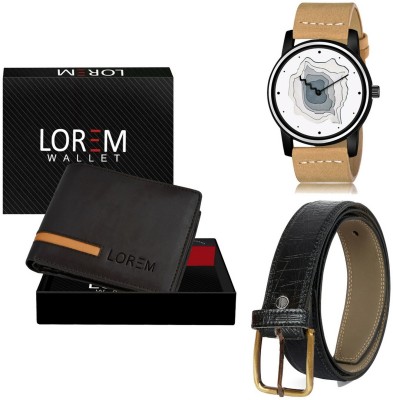 LOREM Belt, Wallet & Watch Combo(Brown, Black, Beige)