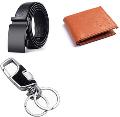 Just Leatheer Wallet & Belt Combo(Tan, Silver)