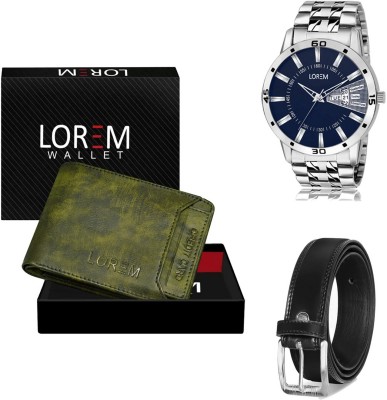 LOREM Belt, Wallet & Watch Combo(Green, Black, Silver)