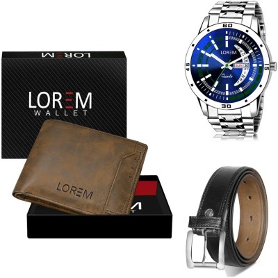 LOREM Belt, Wallet & Watch Combo(Brown, Black, Silver)