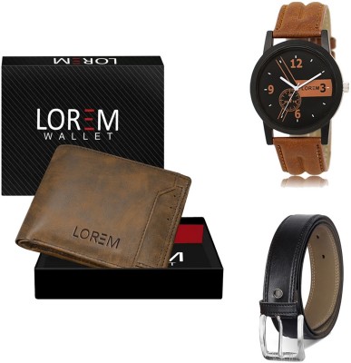 LOREM Belt, Wallet & Watch Combo(Brown, Black, Orange)