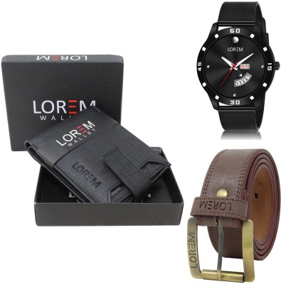 LOREM Belt, Wallet & Watch Combo(Black, Brown, Black)