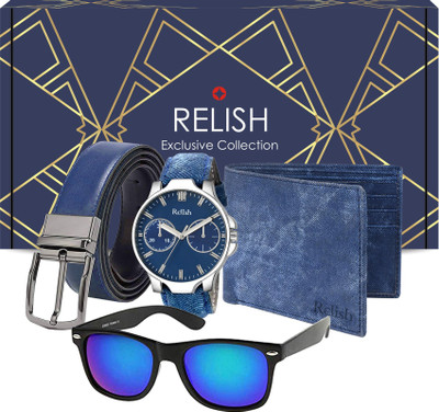 Relish Belt, Wallet & Watch Combo(Blue)