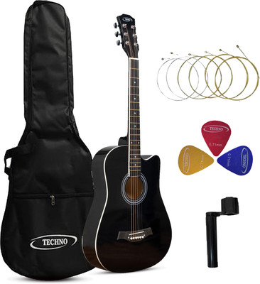 Techno 38-Inch Acoustic Guitar 38CG Black | Combo Pack with Bag, Strings, Picks Acoustic Guitar Mahogany Rosewood Right Hand Orientation(Black)