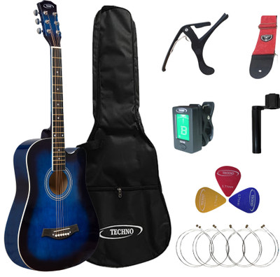 Techno 38 Inch Guitar - WIth BAG ,BELT,STRING SET, CAPO ,PICK, TUNER,WINDER. Semi-acoustic Guitar Linden Wood Rosewood Right Hand Orientation(Blue)