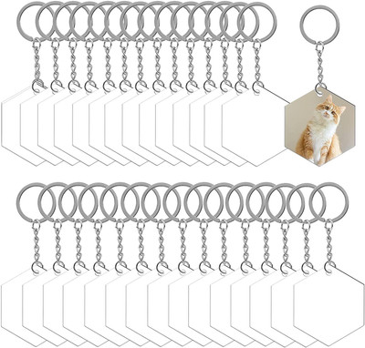 Shalibhadra Pack Of 40 Acrylic Hexagon Keychain With Ring, Art & Craft Work, Transprent Key Chain