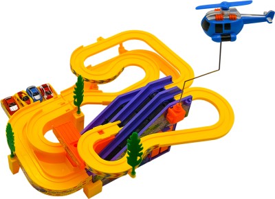 JOA TOYBOX Track Racer Racing Car Set with 4 Miniature Cars Rotating Helicopter SoundMulti(Multicolor)