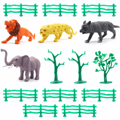 333MART Realistic Wild Animal Set With Tree & Fence for Kids, 15 Piece Plastic Animals(Multicolor)