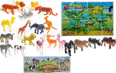 HK Toys 20 Piece Jungle Animals Figures in Forest Layout Forest Animal Wild Animals SET(Multicolor)