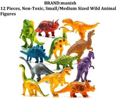 manish Dinosaur Rubber Play Toy Set-12 Pieces, Non-Toxic,Small/Medium Sized Wild Animal(Multicolor)
