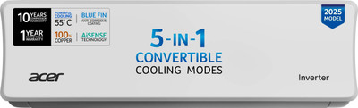 Acer 2025 Model 1 Ton 3 Star Split Inverter AC  - White(AR10AS3IS1HLE25, Copper Condenser)