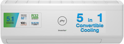 Godrej 5-in-1 Convertible Cooling 2023 Model 2 Ton 3 Star Split Inverter i-sense Technology with Blue Fin Anti Corrosive Coating AC  – White(AC 2T EI 24IINV3R32-WWA Split, Copper Condenser)