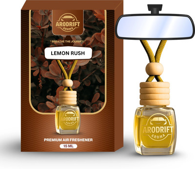 AroDrift Lemon Rush Aroma Oil, Diffuser Set, Refill Premium Hanging Car Perfume Pack Of 1 Lemon Rush Last Up to 30 Days Car Accessories Natural Essential Fragrance Oils in Glass Bottle with Wooden Diffuser Lid 15ML(15 ml)