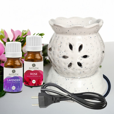 Aatiutik Lavender, Rose Diffuser Set Handcrafted Ceramic Electric Diffuser for Home Fragrance Aroma Oils for Aromatherapy | Air Freshener | Camphor/Essential Oil Burner | Night Lamp Light(2 x 10 ml)