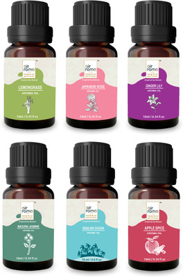 Airroma Lemon Grass, Rose, Jasmine, Apple Spice, English Ocean and Ginger Lily Aroma Oil, Diffuser, Diffuser Set Pack of 6 Aroma Diffuser oil(6 x 10 ml)