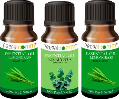 PeepalComm Pure & Natural lemongrass 2+1 eucalyptus Set of 3 (15ml each) Organic Essential Aroma Oil, Diffuser Set, Refill Pure & Natural Eucalyptus lemongrass Essential Oil for Relaxation & Skin Rejuvenation | Natural Aromatherapy Oil for Diffuser | Strong & Long-Lasting Aroma - Fragrance Oil for H