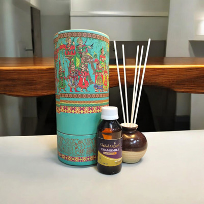 GLOBAL AROMA Reed Chamomile Fragrance Diffuser Set Ethenic Pot Reed Diffuser Chamomile Fragrance,Indian Art,Home Decor,Aromatic Diffuser(100 ml)