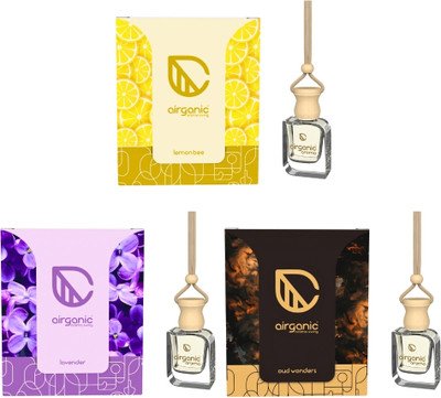 Airganic Aroma Combo: Lemon bee,Lavender & Oud Wonder Car Freshener Diffuser Aroma Swing Combo Offer : Lemon bee, Lavender & Oud Wonder | Aroma with Essential Oils in Glass Bottle with Wooden Diffuser Lid(3 x 10 ml)