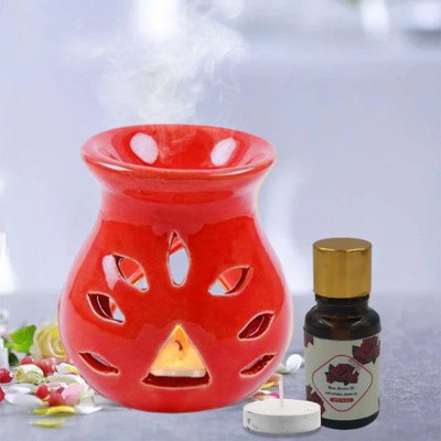 Home Delight Medium Ceramic Red Diffuser With 10ml Rose Fragrance And One Tea Lights Candles Diffuser Set, Aroma Oil HD-M-Diffuser-Red-Rose-01(3 x 1 Units)