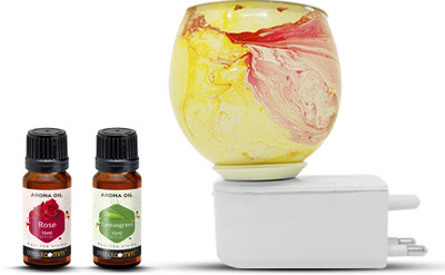 PeepalComm R5 Premium Plug In Electric Kapoordani Lamp+2 Lemon Grass & Rose (15ml Each) Aroma Oil, Diffuser Set Premium Unique Marble Printed Design yellow Electric Air Freshener Kapoordani Night Lamp with Switch to Toggle Between Burner and Lamp With 2 Aroma Oil ( 15ml Each) Lemon Grass & Rose R5(3
