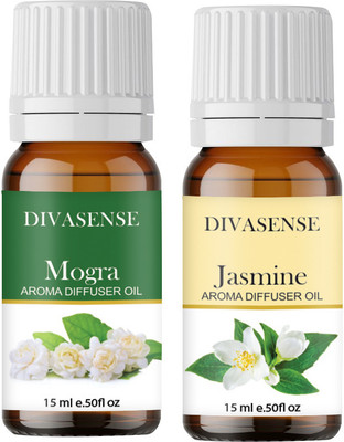 Divasense Jasmine, Mogra Car Freshener Diffuser Aroma Essential Oils for Diffuser Jasmine and Mogra of 15ml Each | Aroma Oil Diffuser for Home Fragrance | Set of 2(2 x 7.5 ml)
