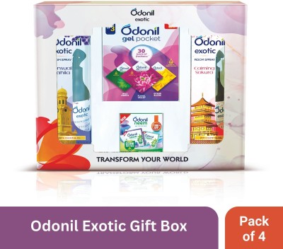 Odonil Exotic Gift Box |Gel Pocket Mix + Neem Air Freshner + 2 Room Spray Blocks(4 x 155.5 g)