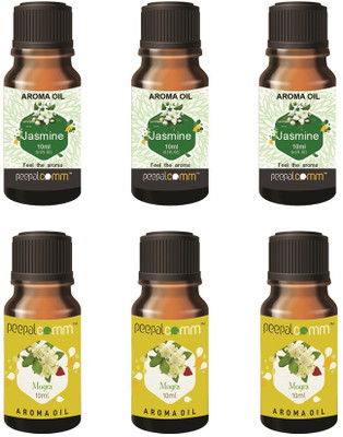 PeepalComm High Scented Aroma Oil Jasmine Mogra Set Of 6 For Freshener 3-3 Combo Aroma Oil, Refill, Diffuser Home Gift Scented Aroma Oil for Diffuser, Burner Kapoordani Set of 6 - Fragrance Scent - Jasmine & Mogra- Best for Home Office, Cool Mist Large Rooms, Bedroom, (Each 10ml) S19(60 ml)