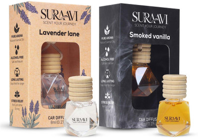 SURAAVI Lavender Lane, Smoked Vanilla Car Freshener Diffuser Set Premium Car Perfume Air Freshener Hanging Pod Set of 2 | Lavender Lane & Smoked Vanilla Car Fragrance Oil Diffuser | Glass Bottle Wooden Cap | Long Lasting Car Freshness up to 30 Days Each(2 x 4 ml)