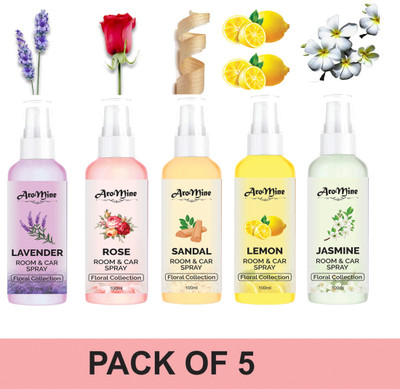 AroMine Rose, Sandal, Lavender, Lemon, Jasmine Fragrance Car Freshener Spray Rose, Jasmine, Lemon, Sandalwood and Lavender-Combo Offer(5 x 100 ml)