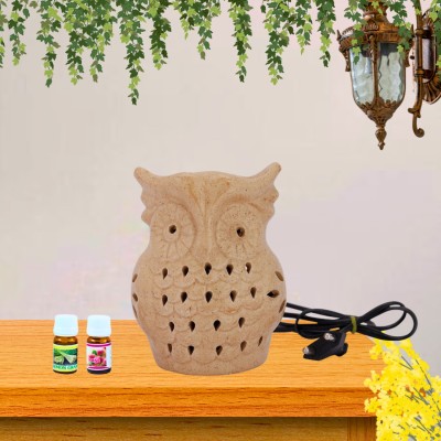 Jimkia Ceramic Electric Diffuser Brown, Owl Shape Burner With 10 ML Rose/Lemongrass Aroma Oil, Diffuser, Diffuser Set(3 x 3.33 ml)