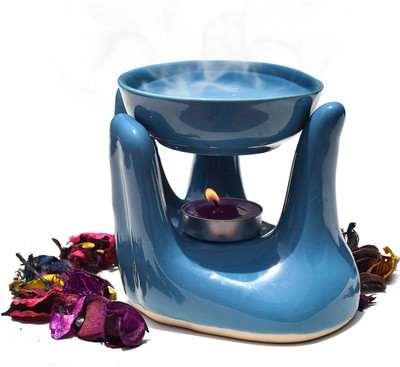 LANDSLIDE Ceramic Hand Type Aroma, Burner with 1 Tea Light, Candle, Green Diffuser Set PSI-HANDTYPE-GREEN-FC(90 ml)
