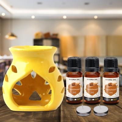 PeepalComm Premium Ceramic Yellow Oil Burner Diffuser With 2 candles + 3 15ml Sandalwood Aroma Oil, Diffuser Set(45 ml)