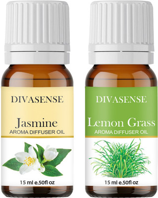 Divasense Jasmine, Lemon Grass Aroma Oil, Diffuser, Diffuser Set, Potpourri, Refill Aroma Essential Oils for Diffuser Jasmine and Lemon Grass of 15ml Each | Aroma Oil Diffuser for Home Fragrance | Set of 2(2 x 7.5 ml)